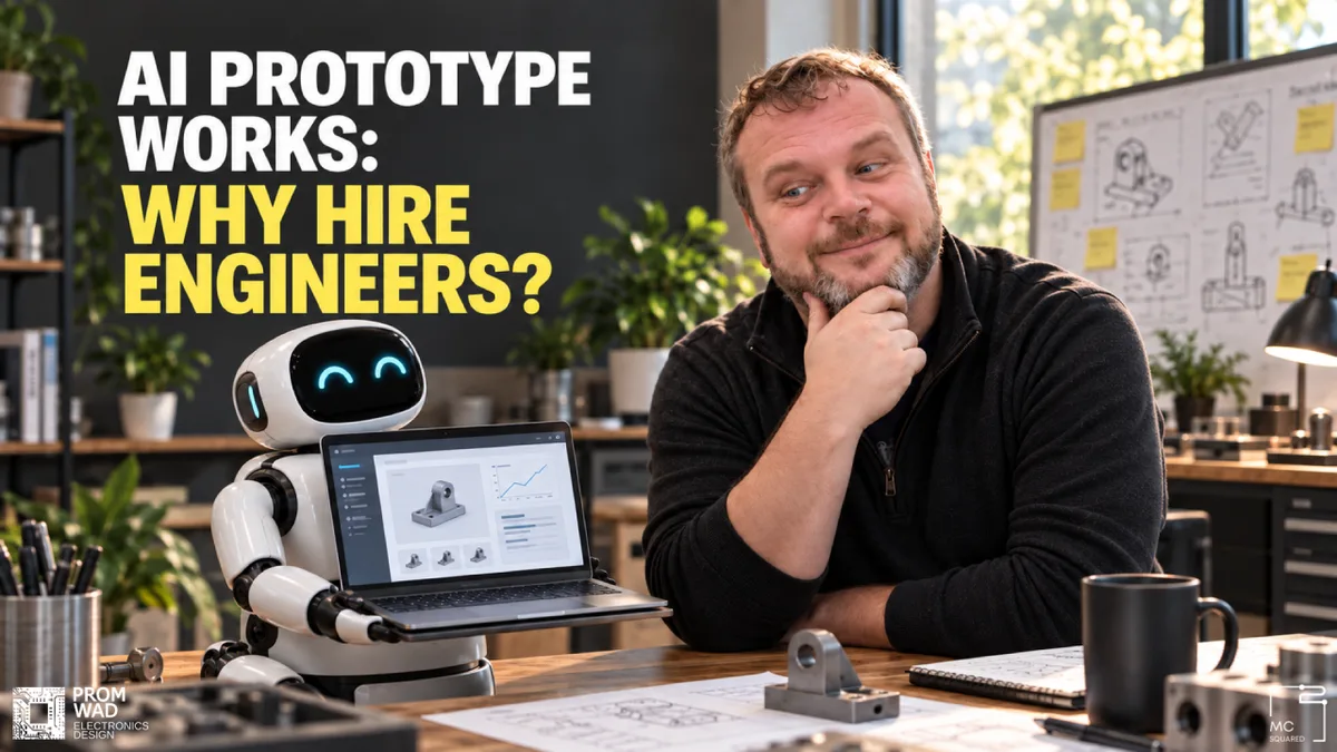 Ein Mann stützt das Kinn in die Hand, während ein kleiner Roboter auf einem Werkstatttisch einen Laptop mit einem Prototyp vorführt