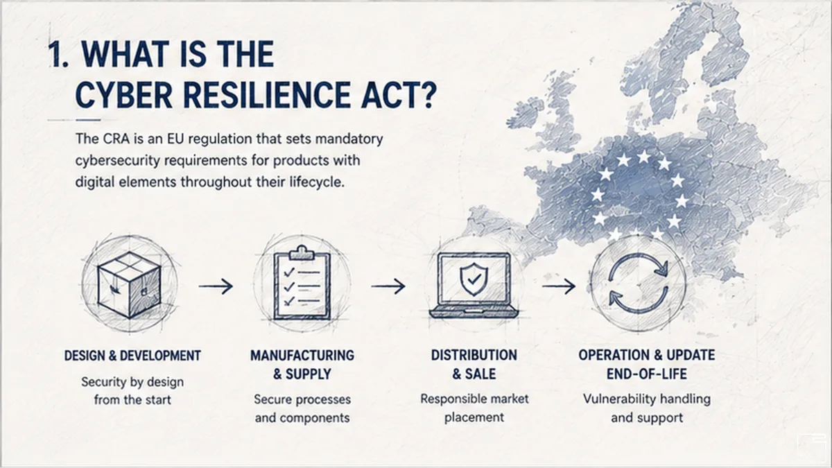 Infographic of the CRA product lifecycle in four stages: design and development, manufacturing and supply, distribution and sale, operation, update and end of life
