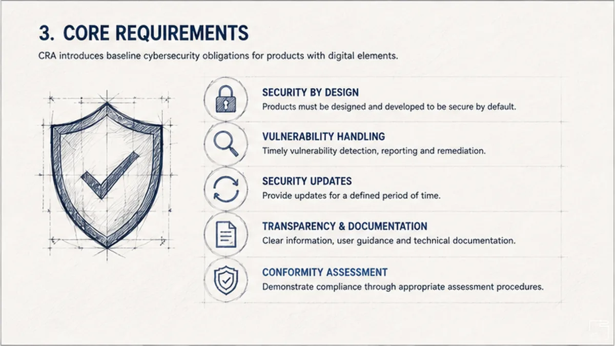 Sketch of a shield next to five core CRA requirements: security by design, vulnerability handling, security updates, transparency and documentation, conformity assessment