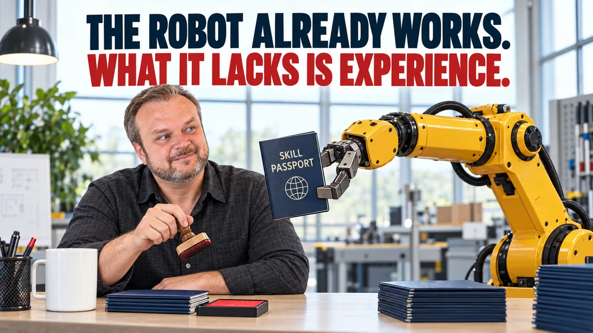 Alex Varabyou mit einem Stempel neben einem Industrieroboterarm und einem Kompetenzpass als Illustration einer geplanten Dokumentation von Robotererfahrung.