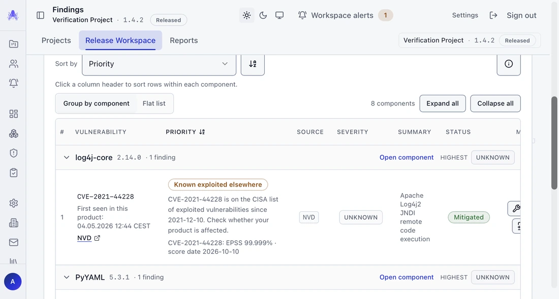 Findings view in crAcken: components of a release with vulnerabilities, known-exploitation flag, date of first detection, EPSS and status.
